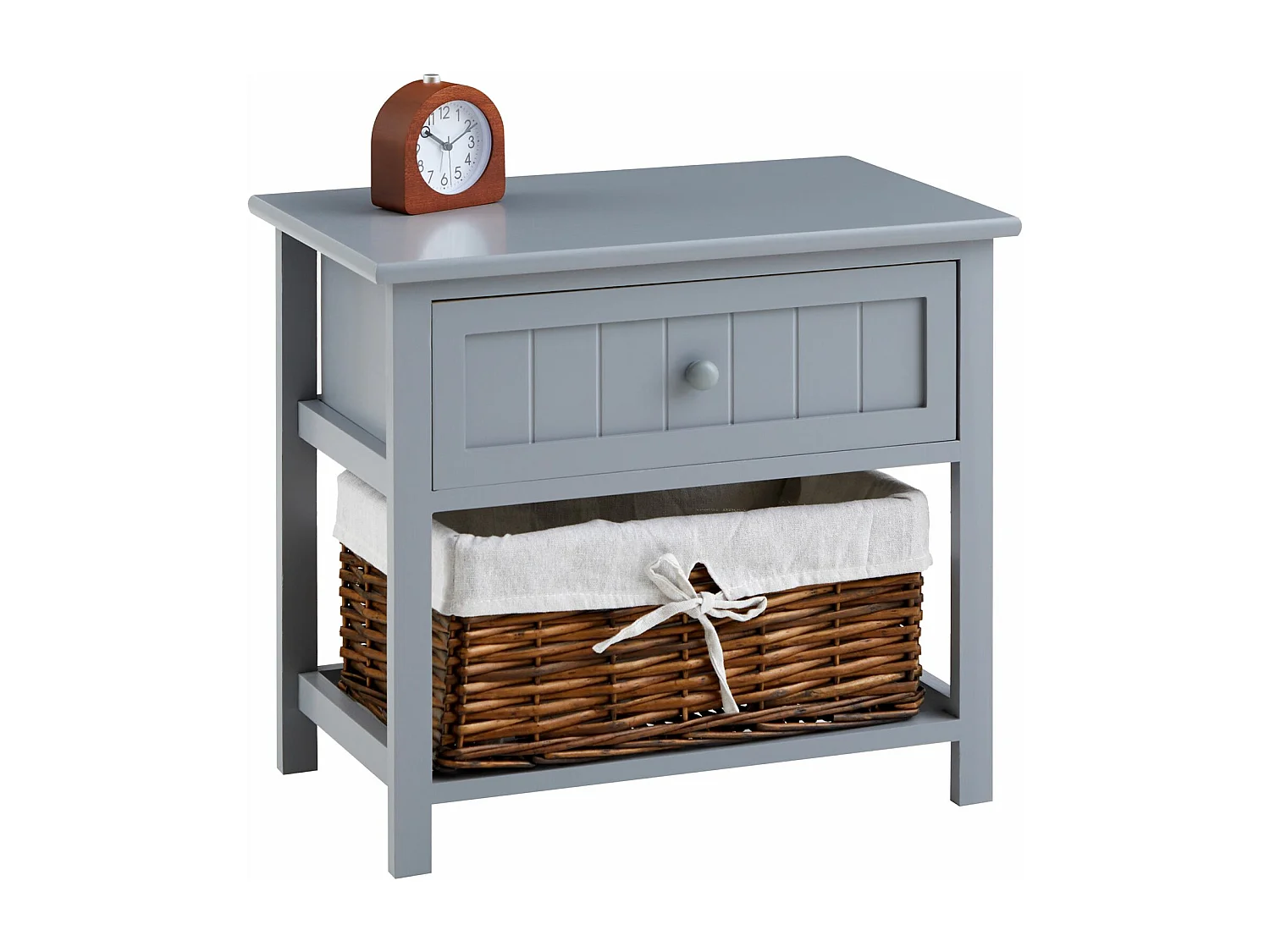 Table de chevet AKURE table de nuit en bois lasuré gris avec 1 tiroir et 1 panier en osier et insert en tissu blanc