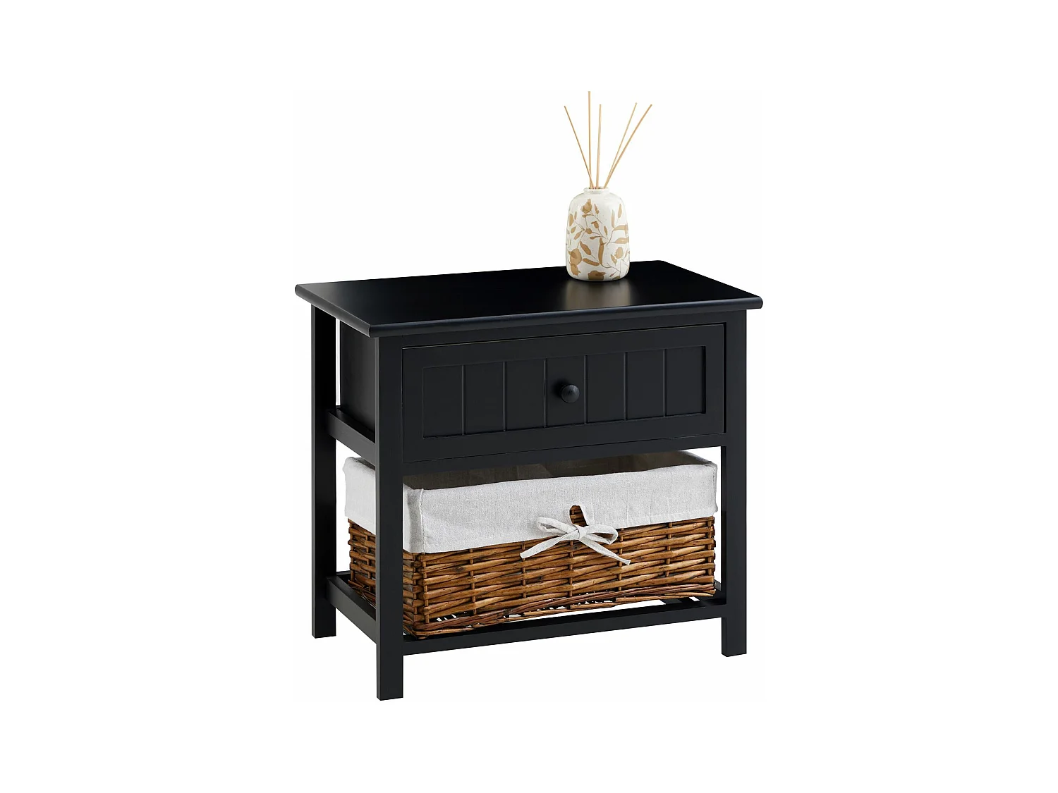 Table de chevet AKURE table de nuit en bois lasuré noir avec 1 tiroir et 1 panier en osier et insert en tissu blanc