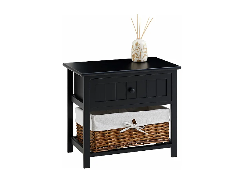Table de chevet AKURE table de nuit en bois lasuré noir avec 1 tiroir et 1 panier en osier et insert en tissu blanc