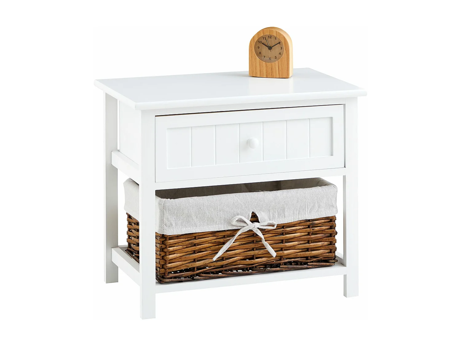 Table de chevet AKURE table de nuit en bois lasuré blanc avec 1 tiroir et 1 panier en osier et insert en tissu blanc