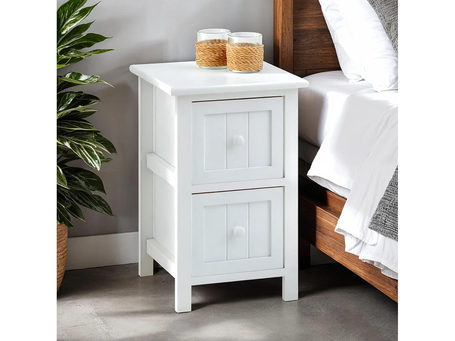 Table de chevet TREYA table de nuit en bois avec 2 tiroirs, meuble style rustique pour la chambre lasuré blanc