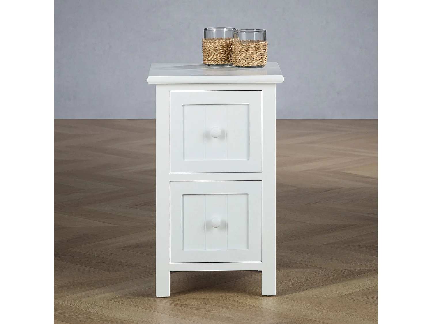 Table de chevet TREYA table de nuit en bois avec 2 tiroirs, meuble style rustique pour la chambre lasuré blanc