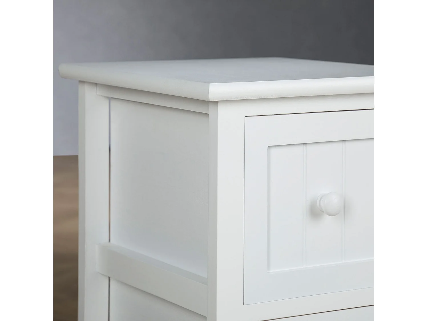 Table de chevet TREYA table de nuit en bois avec 2 tiroirs, meuble style rustique pour la chambre lasuré blanc