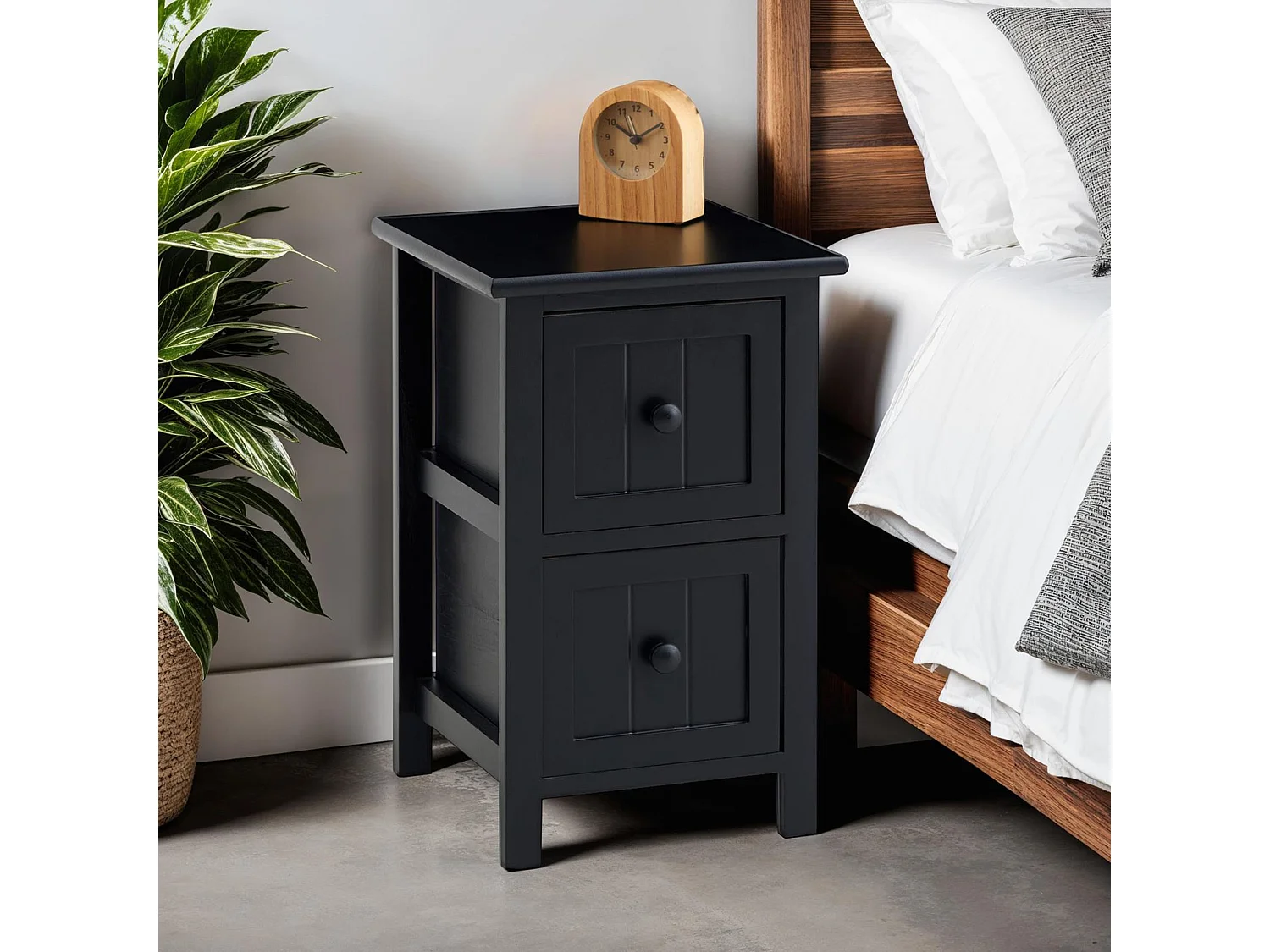 Table de chevet TREYA table de nuit en bois avec 2 tiroirs, meuble style rustique pour la chambre lasuré noir