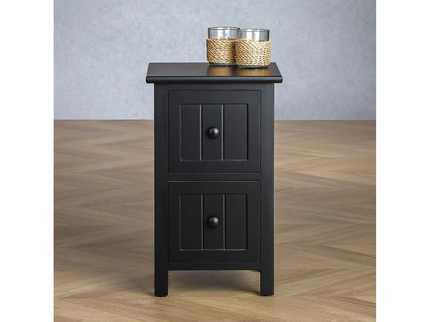 Table de chevet TREYA table de nuit en bois avec 2 tiroirs, meuble style rustique pour la chambre lasuré noir