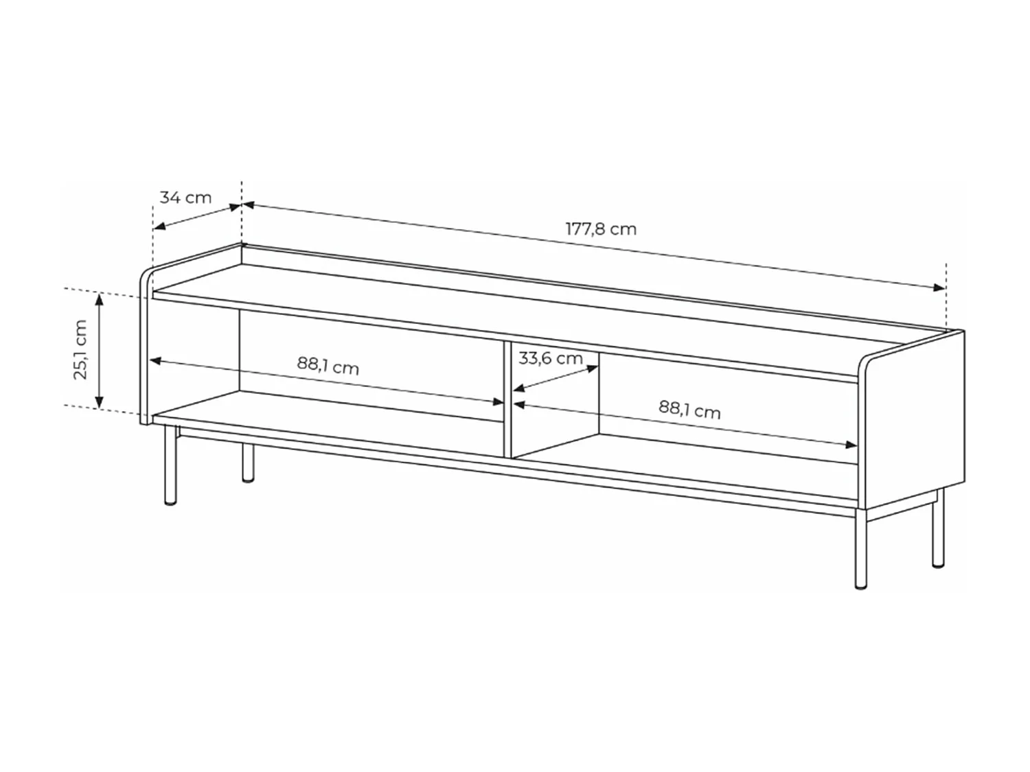 Meuble TV 2 portes - façades rainurées - pieds métalliques - 181 cm - grėge - LIWELO