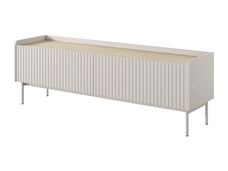 Meuble TV 2 portes - façades rainurées - pieds métalliques - 153 cm - grėge - LIWELO