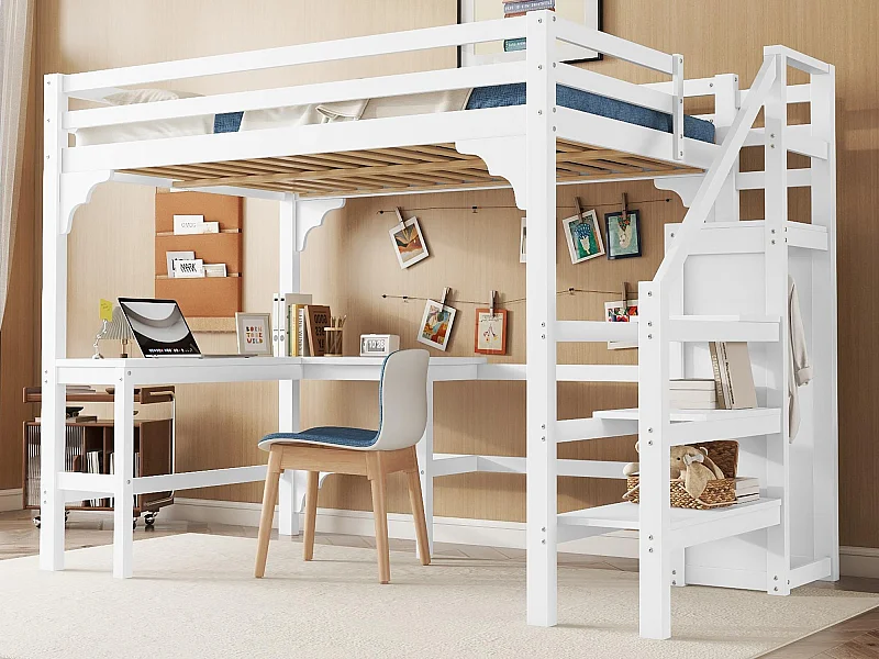 Cama altillo de madera 140x200 cm - con escritorio, armario y somier - Blanco