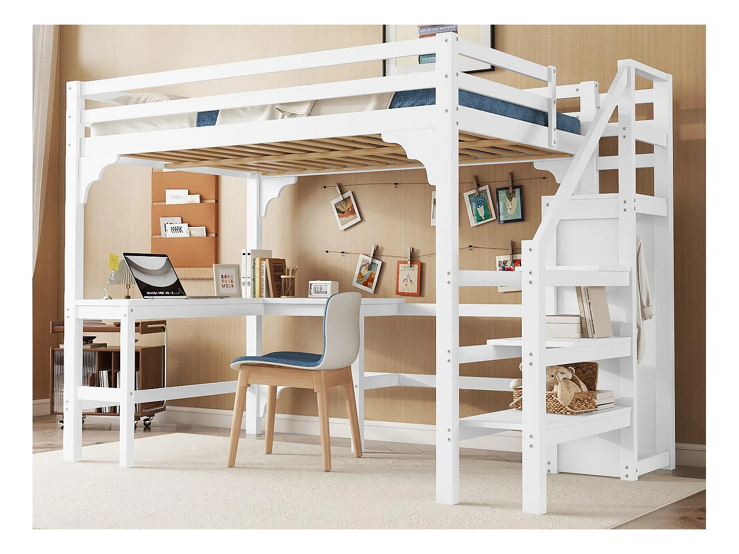 Lit mezzanine 140x200cm en bois - avec bureau、 penderie et sommier à lattes - Blanc