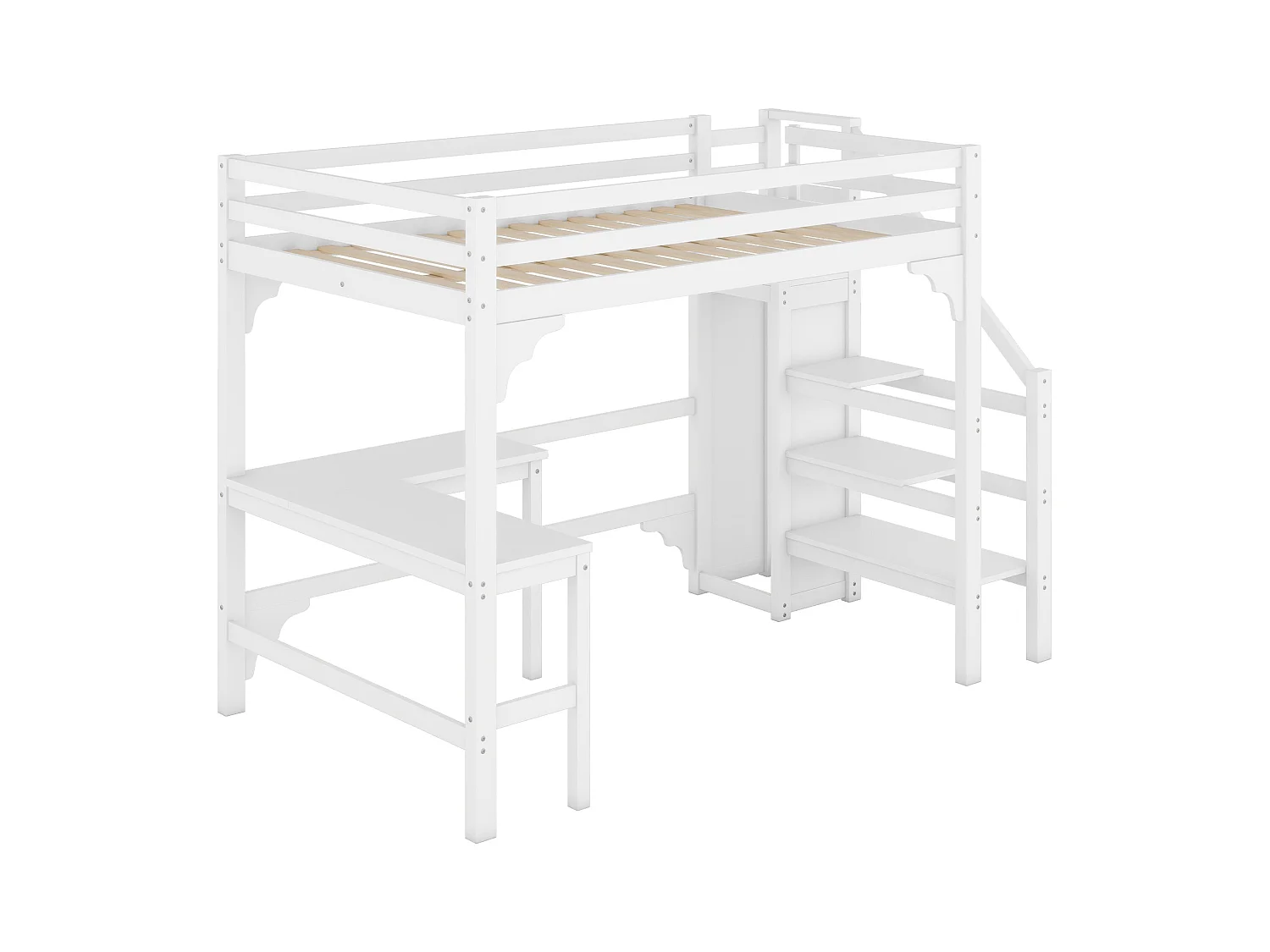 Lit mezzanine 140x200cm en bois - avec bureau、 penderie et sommier à lattes - Blanc