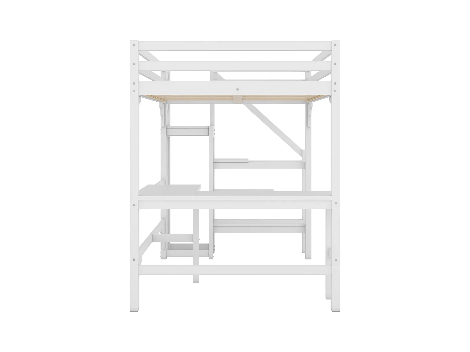 Lit mezzanine 140x200cm en bois - avec bureau、 penderie et sommier à lattes - Blanc