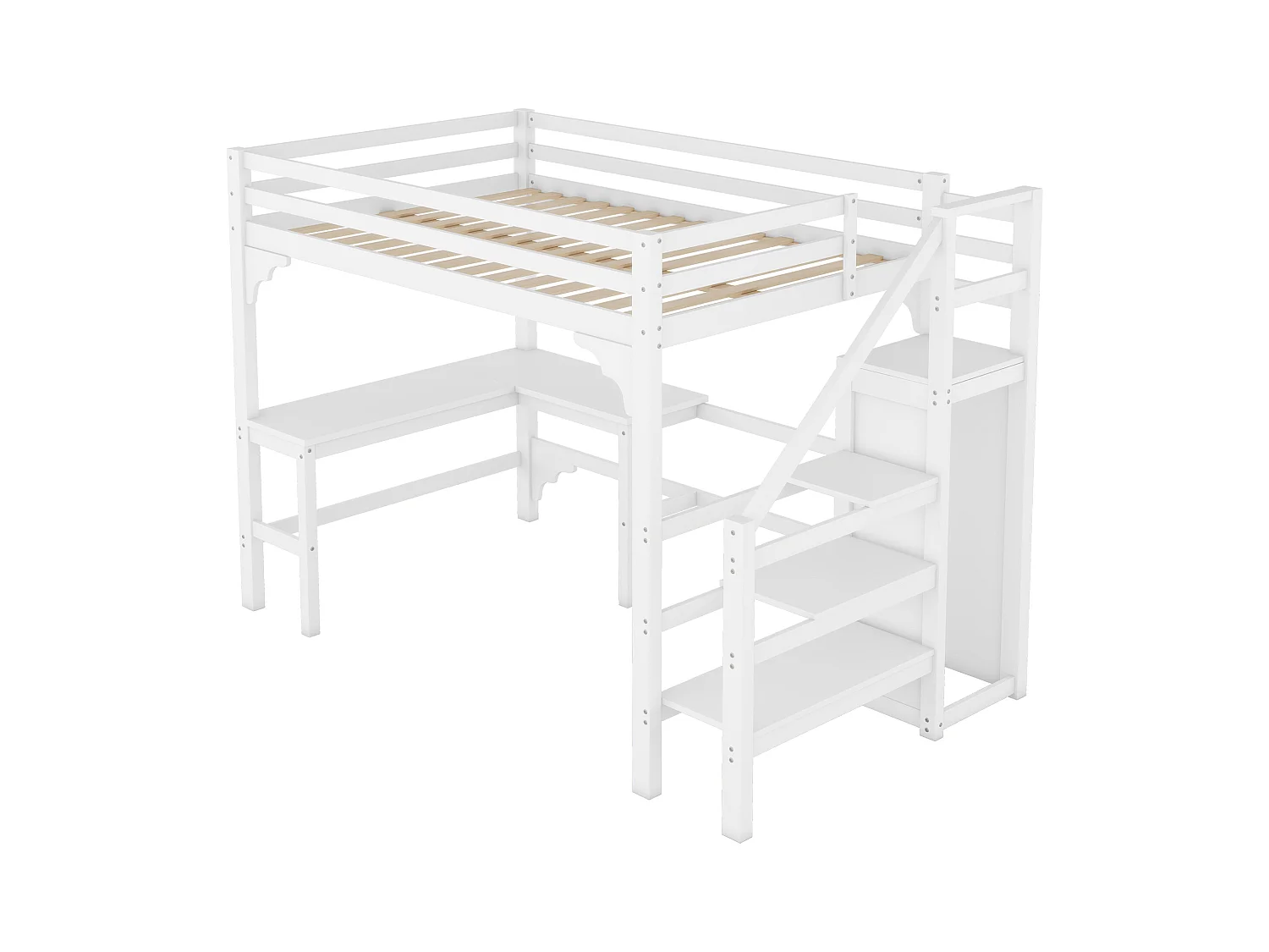 Lit mezzanine 140x200cm en bois - avec bureau、 penderie et sommier à lattes - Blanc