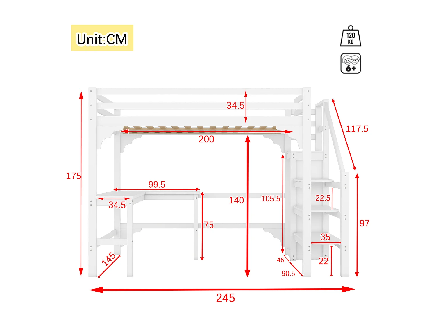 Lit mezzanine 140x200cm en bois - avec bureau、 penderie et sommier à lattes - Blanc