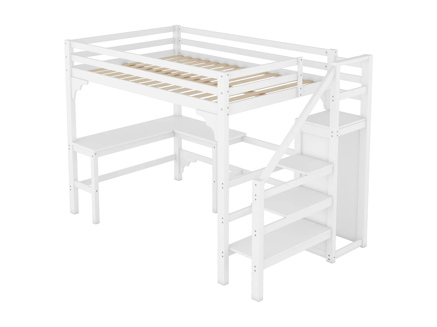 Lit mezzanine 140x200cm en bois - avec bureau、 penderie et sommier à lattes - Blanc