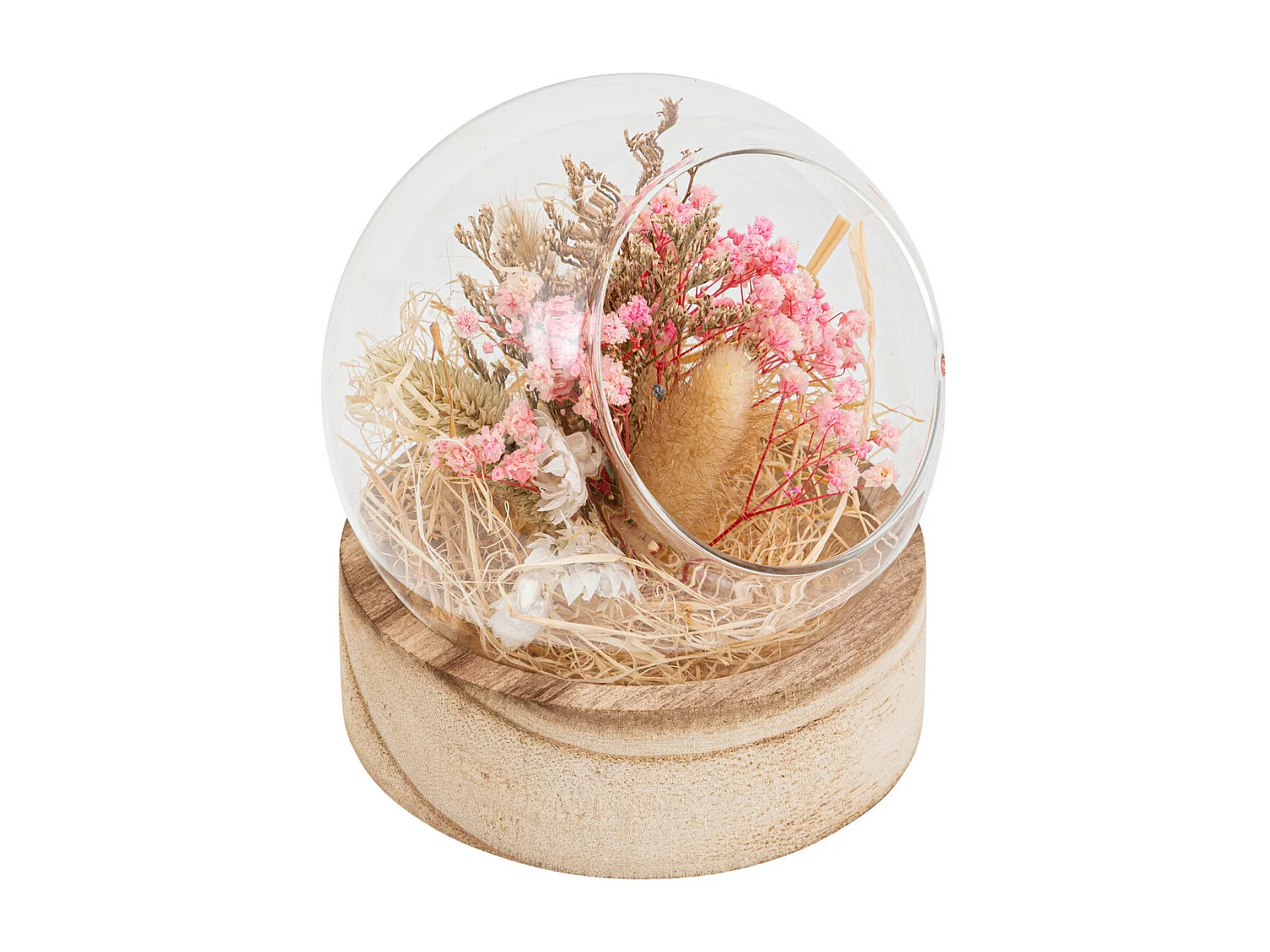 Compo de Fleurs Séchées dans une Boule en verre sur support en bois