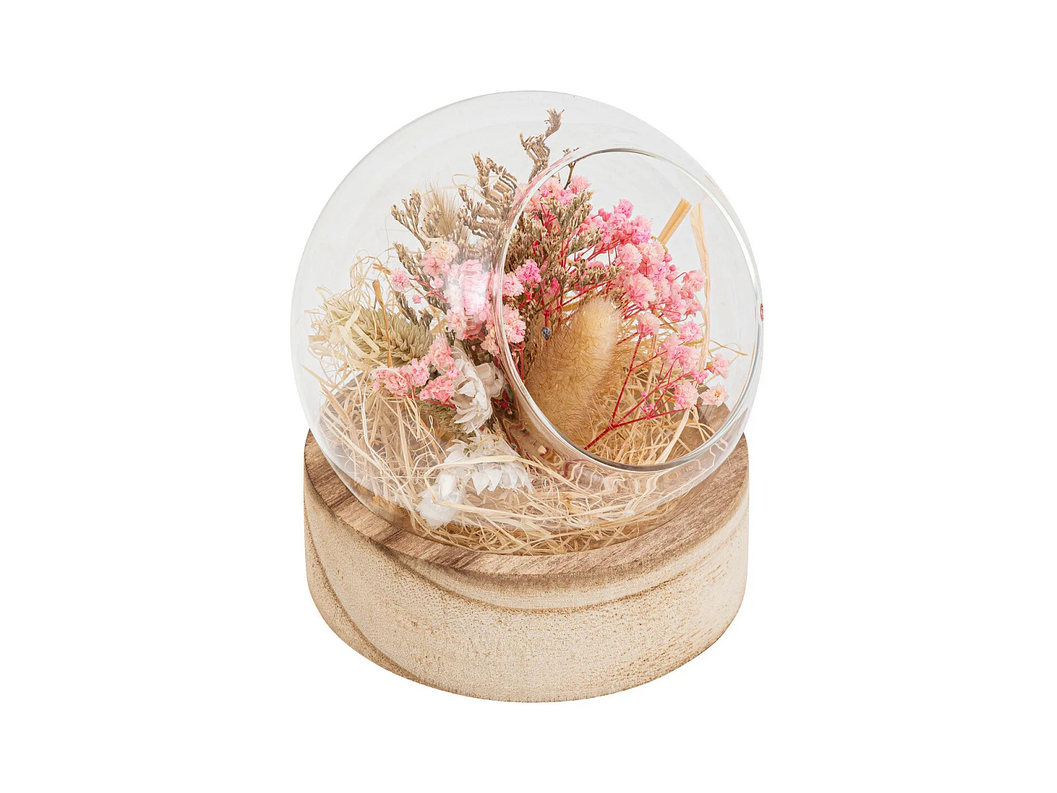 Compo de Fleurs Séchées dans une Boule en verre sur support en bois