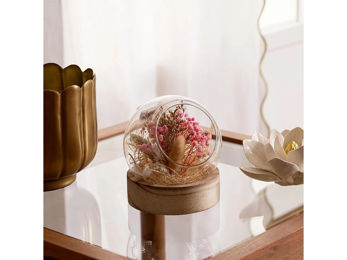 Compo de Fleurs Séchées dans une Boule en verre sur support en bois