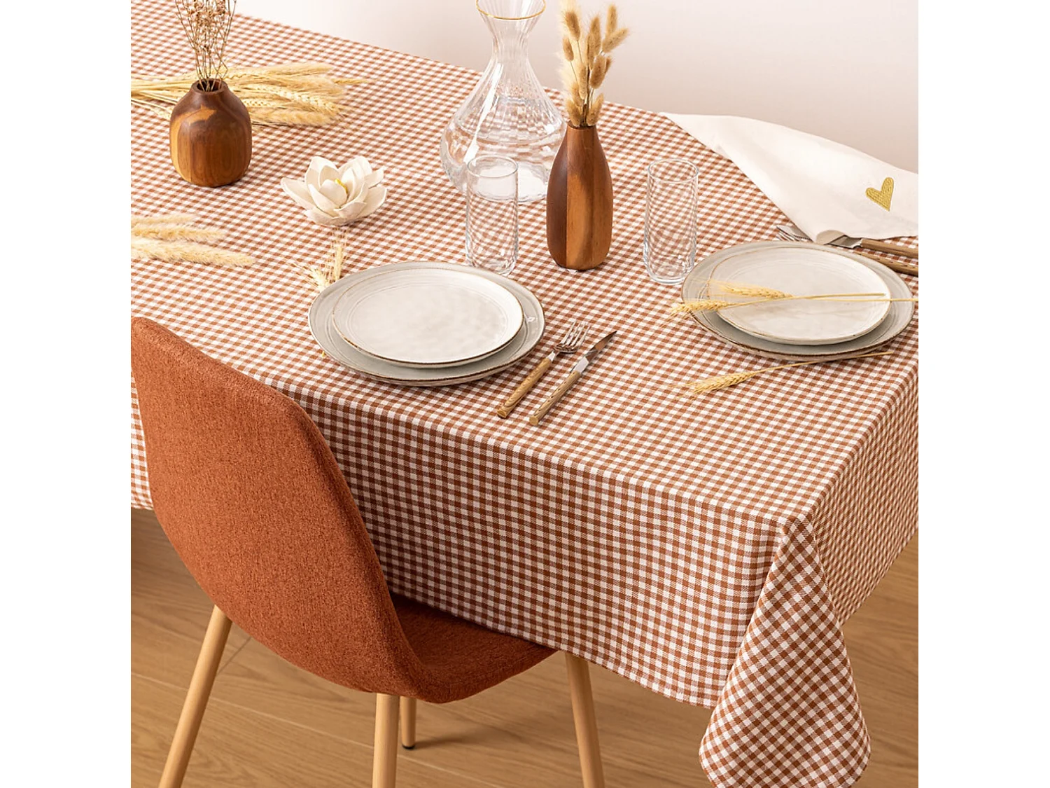 Nappe en coton Vichy Ivoire et Terracotta 150 x 250 cm