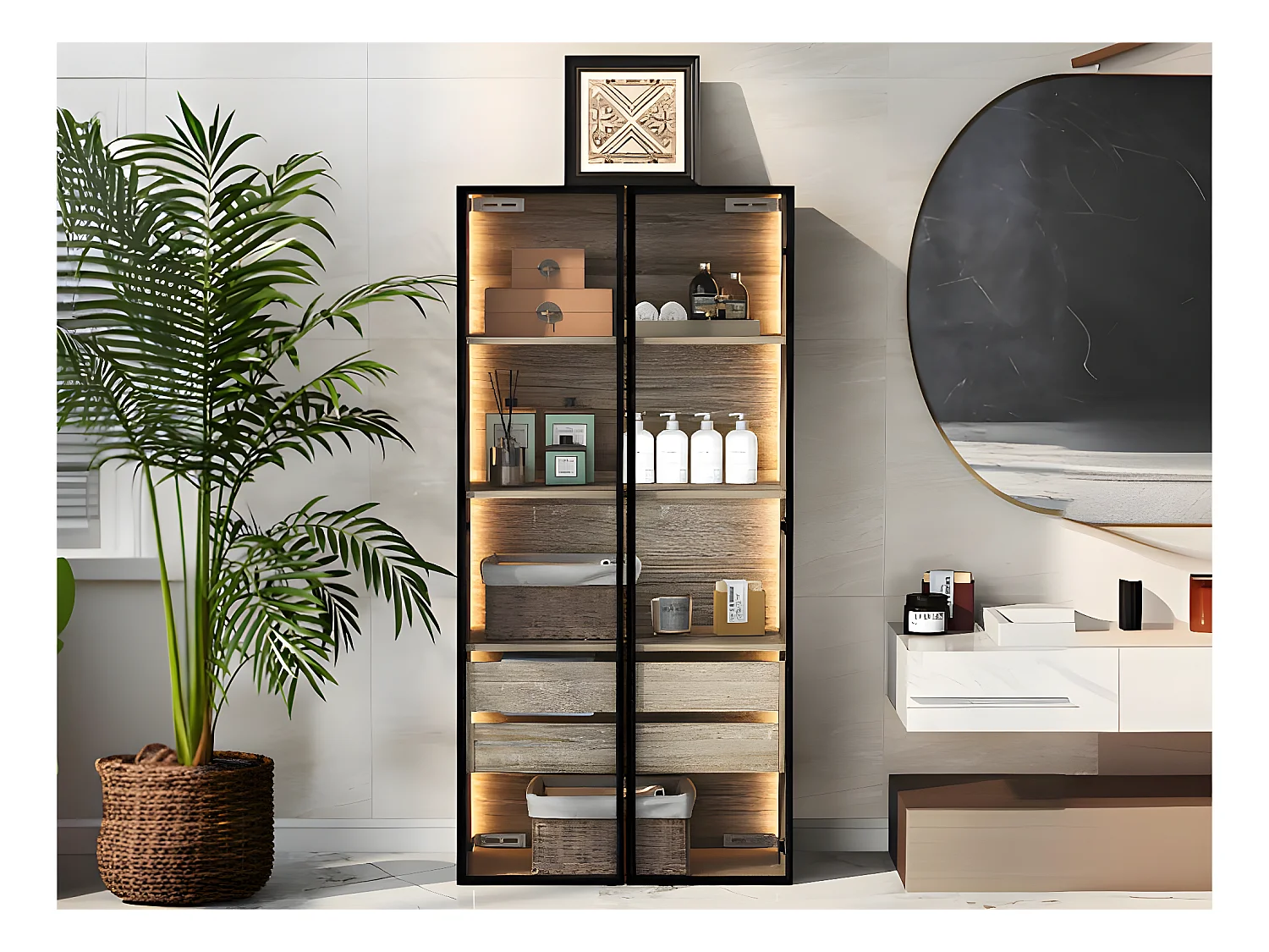Vitrine、Meuble de salle de bain avec LED - 2 grands tiroirs et 2 portes vitrées - Naturel