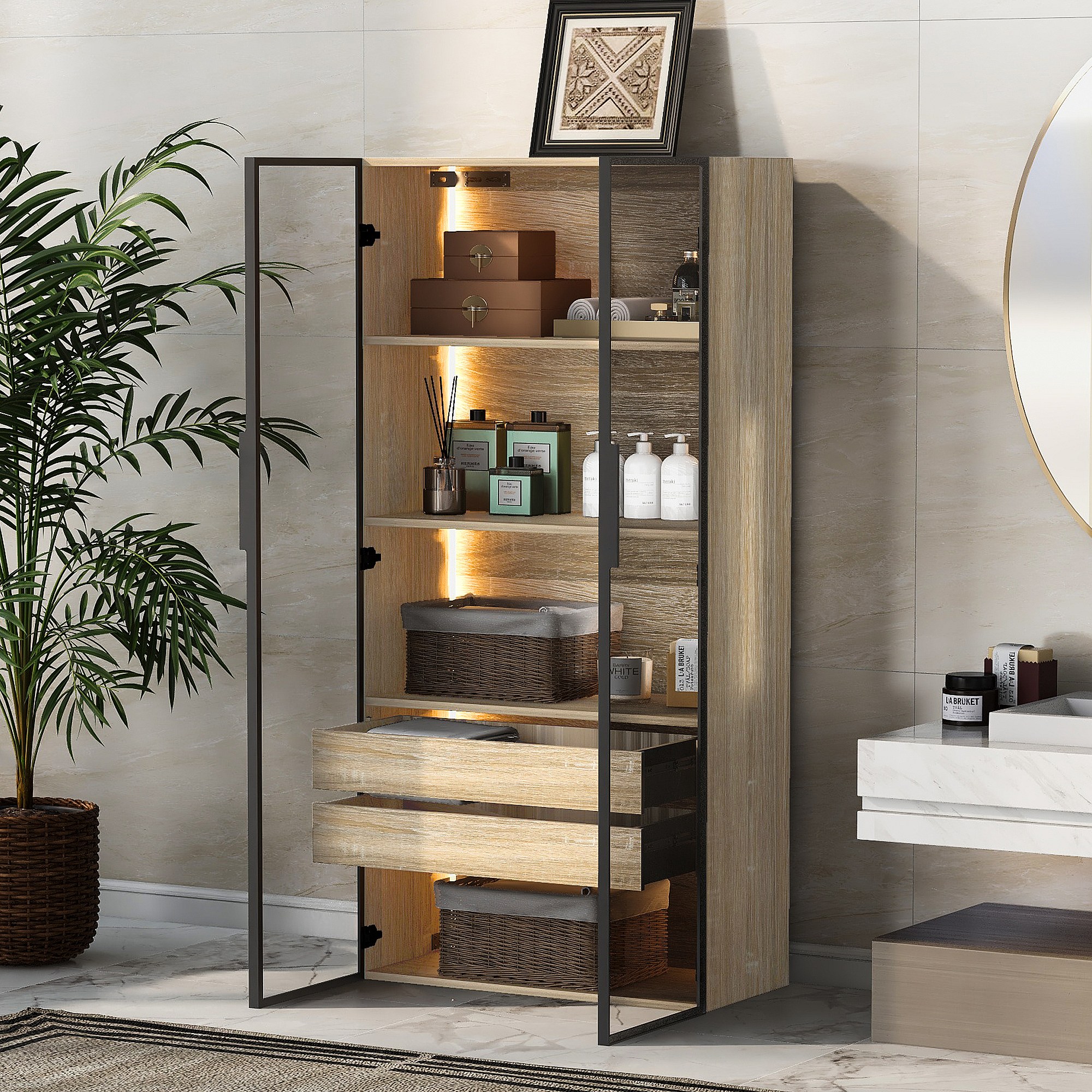 Meuble Vitrine Avec LED - 2 Portes Vitrées, 2 Tiroirs - Dimensions 74x36x155 Cm - Pour Salon, Chambre, Salle De Bain - Rangement Et Décoration