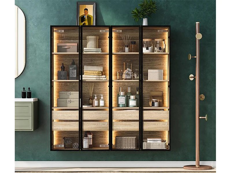 Witryny, meble łazienkowe z LED - 2 duże szuflady i 2 szklane drzwi - Naturalne