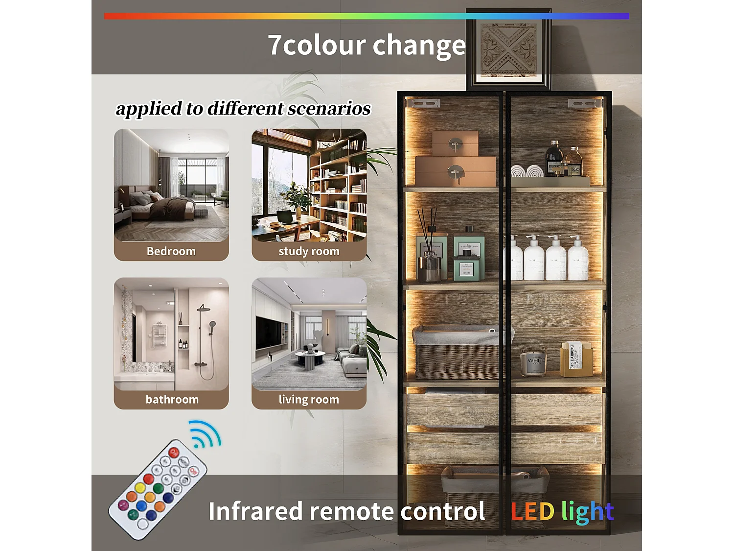 Vitrines、Móveis de casa de banho com LED - 2 gavetas grandes e 2 portas de vidro - Natural