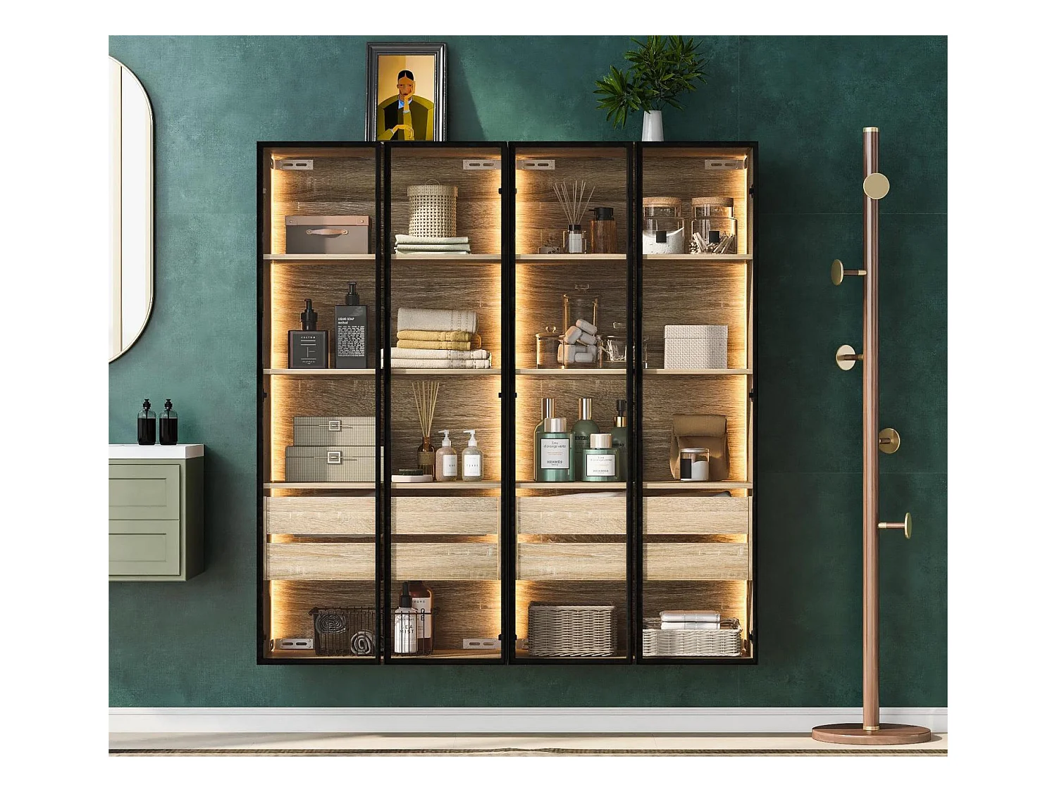 Vitrines、Meubles de salle de bain avec LED - 2 grands tiroirs et 2 portes vitrées - Naturel