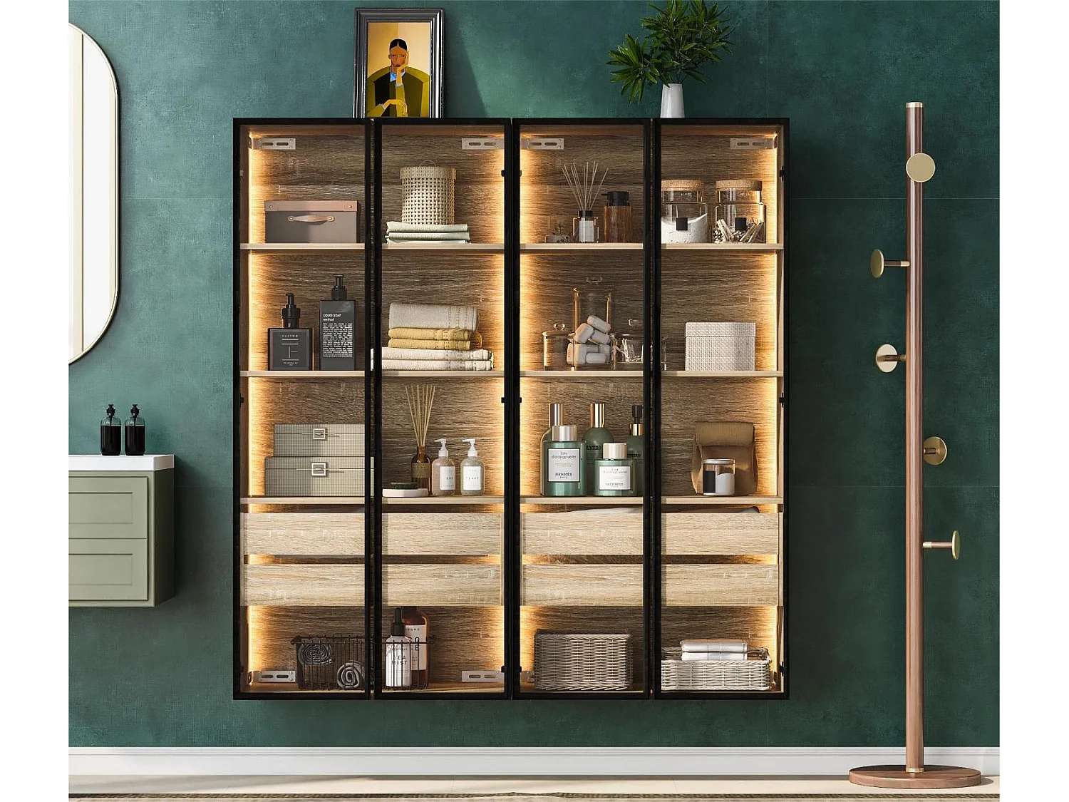 Vitrines、Meubles de salle de bain avec LED - 2 grands tiroirs et 2 portes vitrées - Naturel