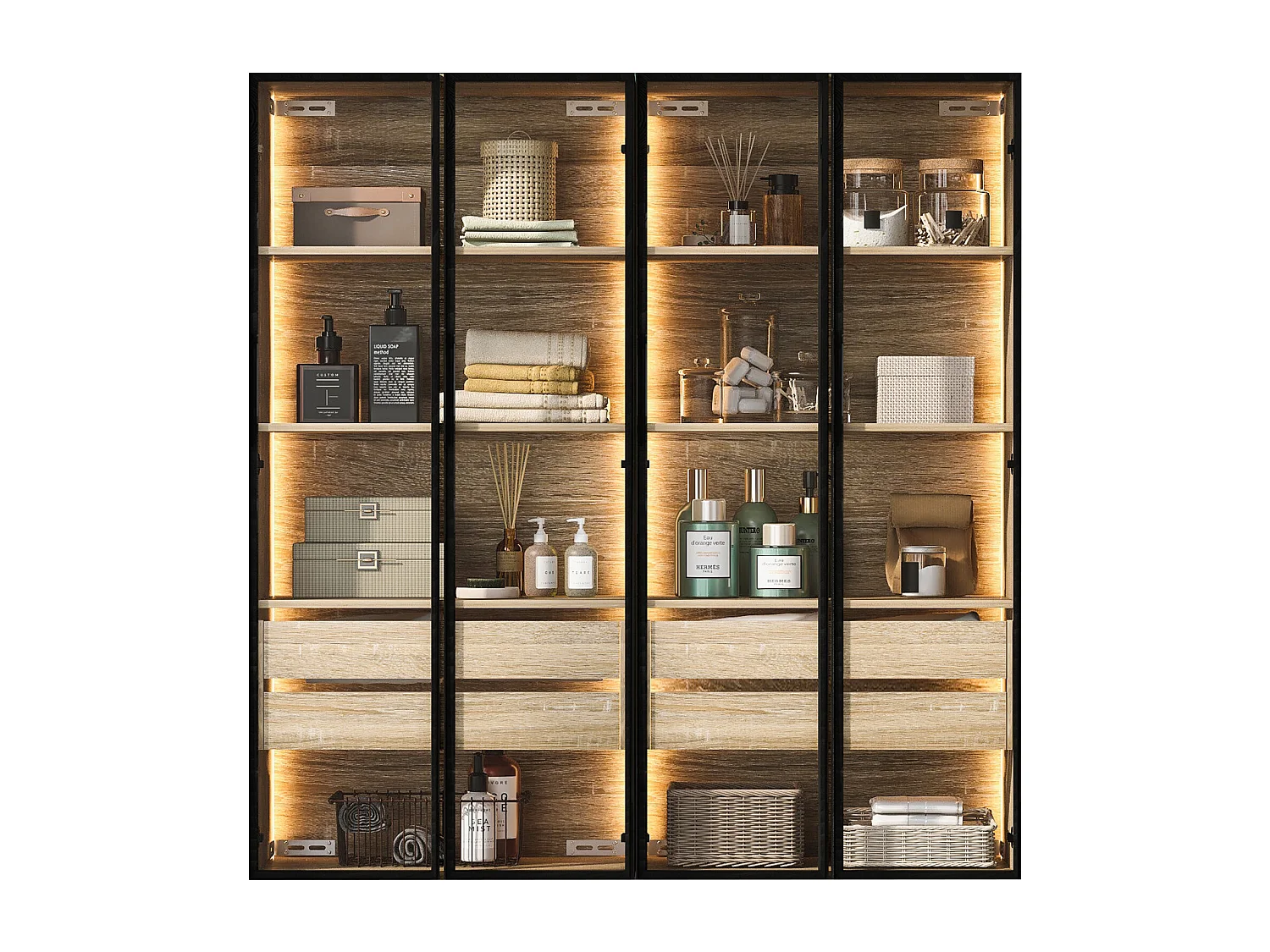 Vitrines、Meubles de salle de bain avec LED - 2 grands tiroirs et 2 portes vitrées - Naturel