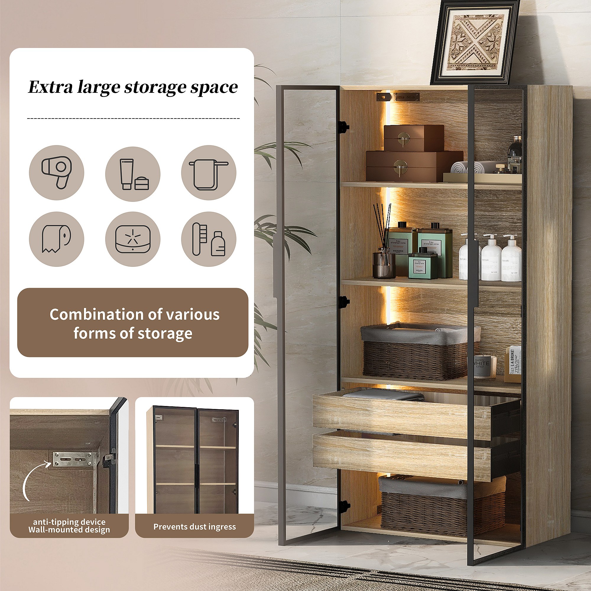 Furologee Set Di 2 Comodini Con Stazione Di Ricarica USB E Luci LED - Cassetti In Tessuto Per Camera Da Letto E Soggiorno - Design Moderno 43 Cm