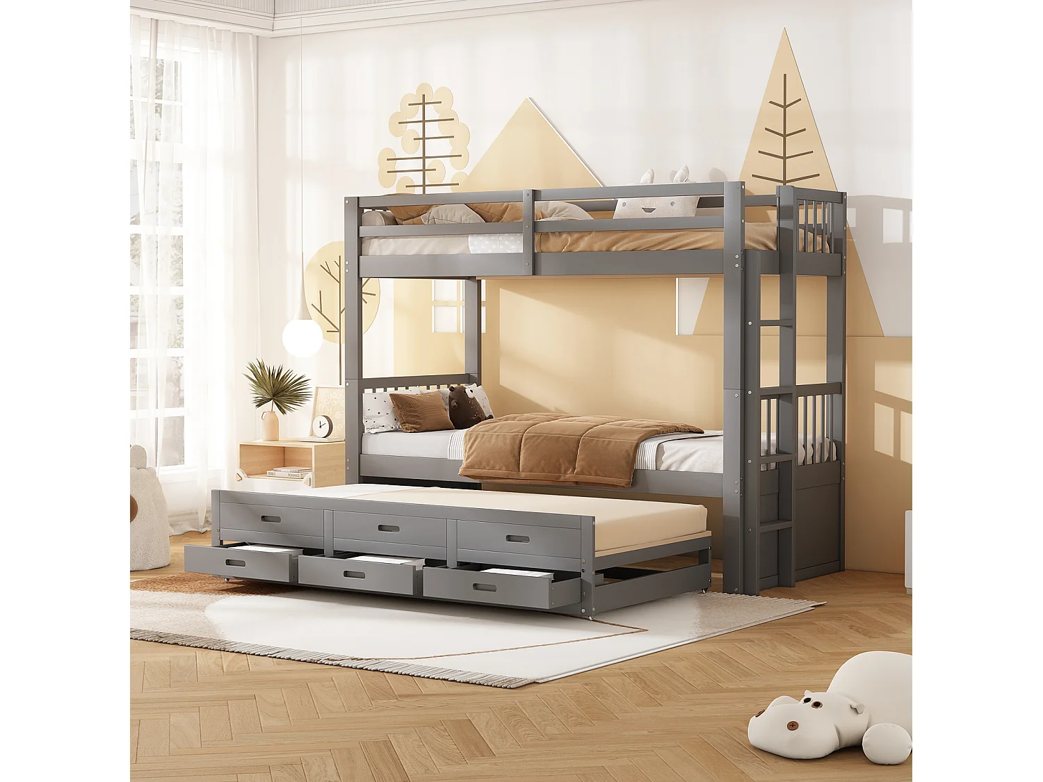 Lit superposé 90x200cm - Lit d'Enfant Cadre de Lit en Pin et MDF avec échelle Échelle - Lit Extensible + 3 Tiroirs Gris