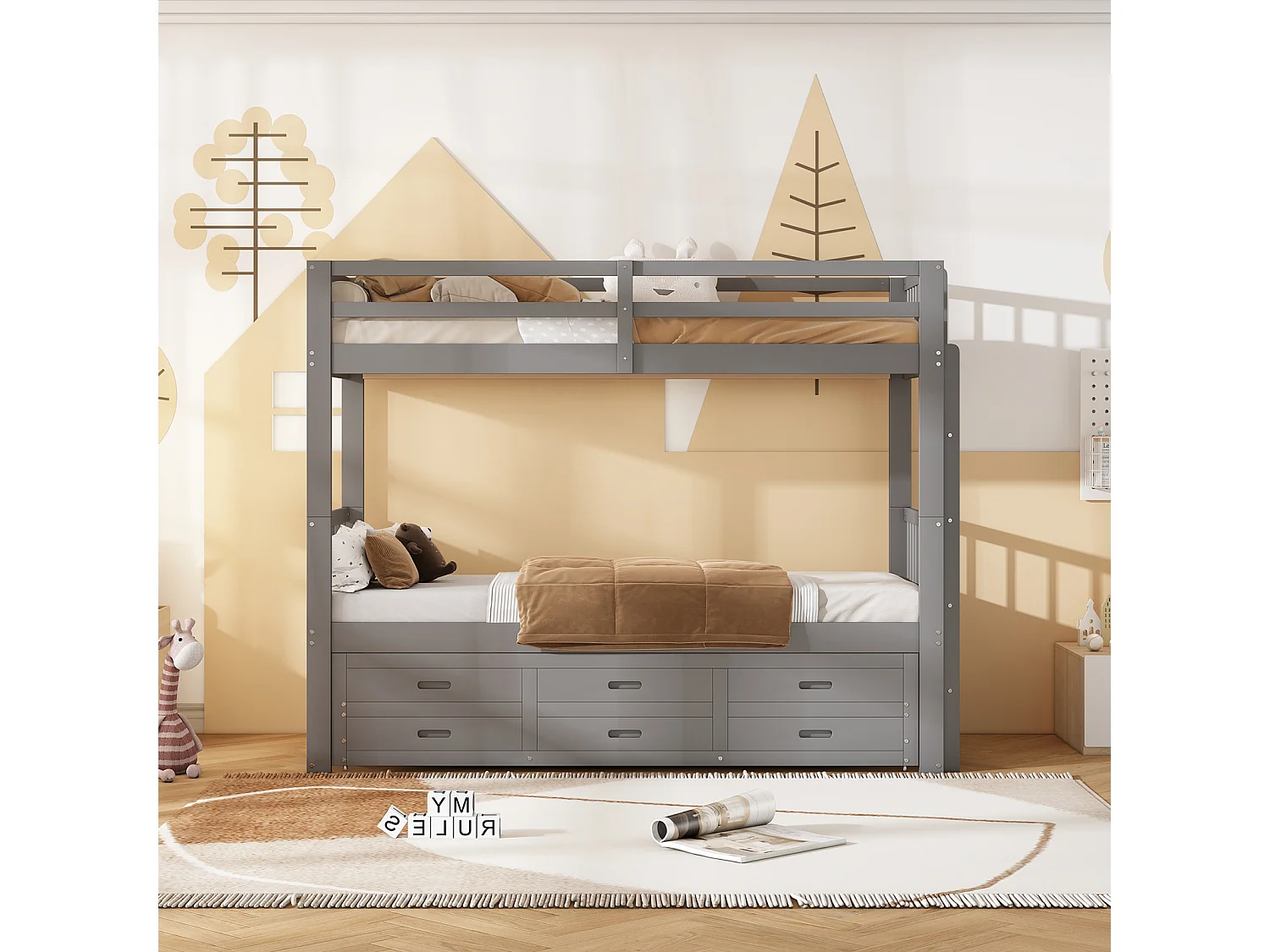 Lit superposé 90x200cm - Lit d'Enfant Cadre de Lit en Pin et MDF avec échelle Échelle - Lit Extensible + 3 Tiroirs Gris