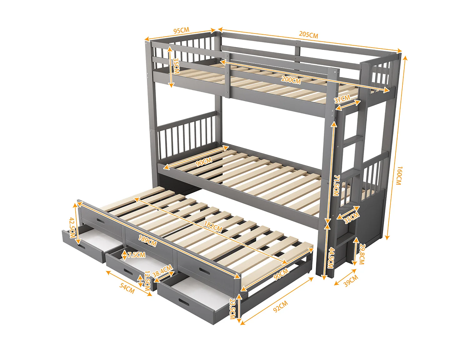 Lit superposé 90x200cm - Lit d'Enfant Cadre de Lit en Pin et MDF avec échelle Échelle - Lit Extensible + 3 Tiroirs Gris