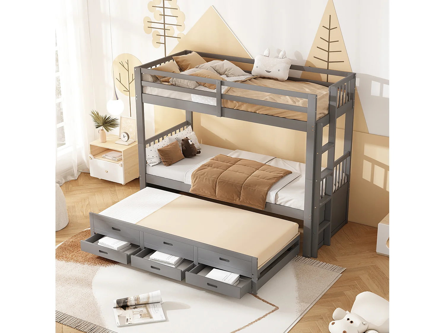 Lit superposé 90x200cm - Lit d'Enfant Cadre de Lit en Pin et MDF avec échelle Échelle - Lit Extensible + 3 Tiroirs Gris