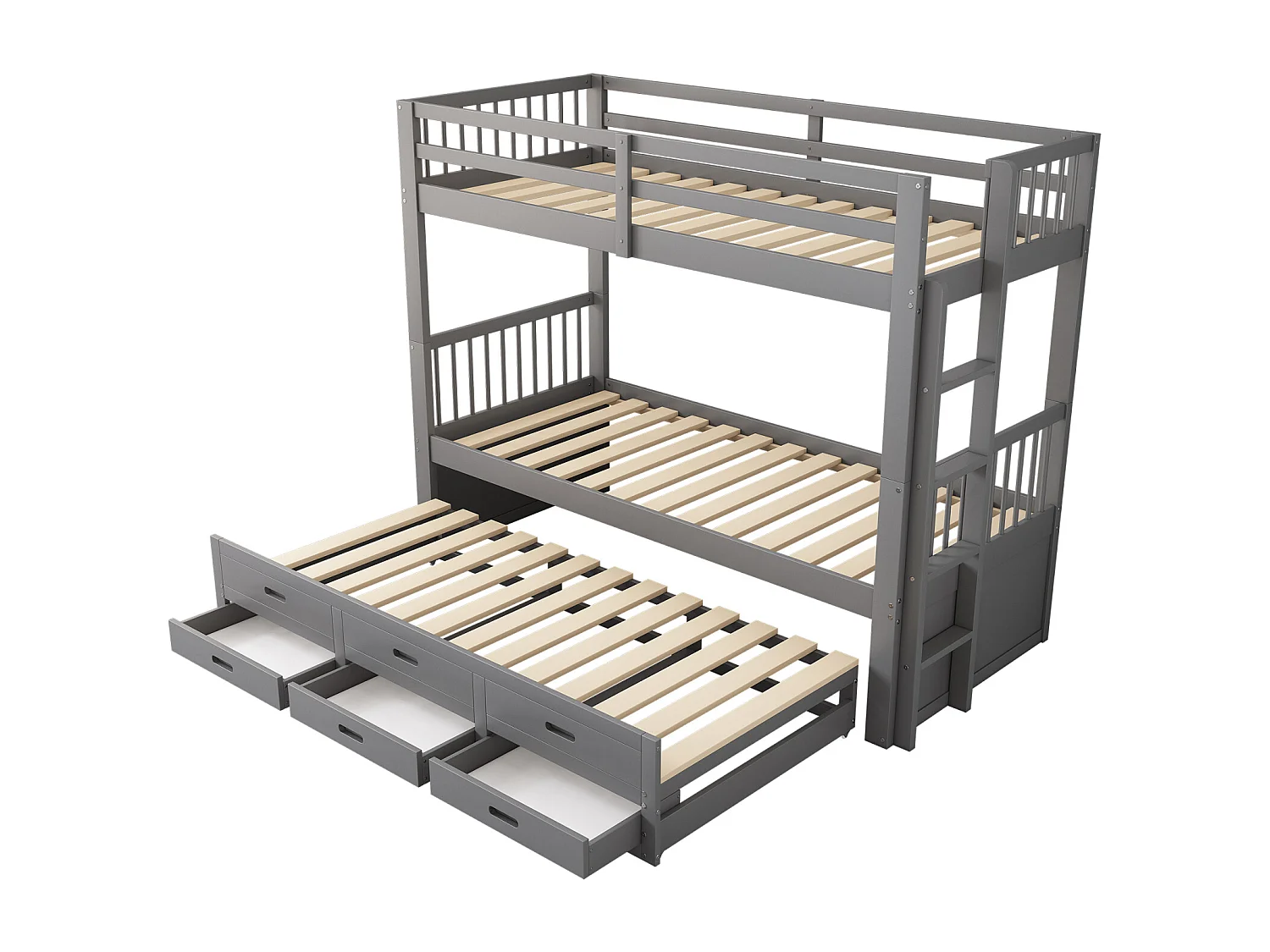 Lit superposé 90x200cm - Lit d'Enfant Cadre de Lit en Pin et MDF avec échelle Échelle - Lit Extensible + 3 Tiroirs Gris