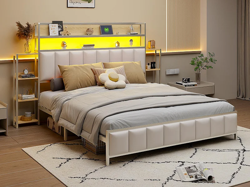 Kunstleren bed 160x200cm - met LED en planken - Wit