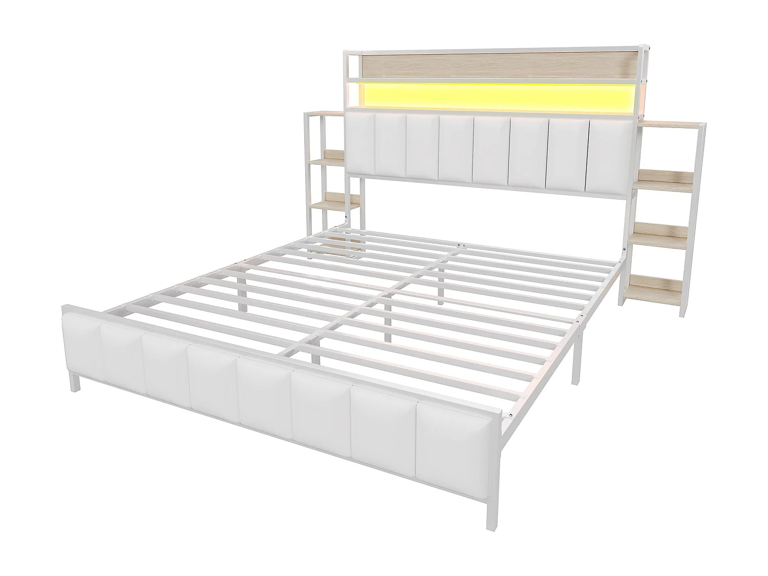 Lit 160x200cm en similicuir - avec LED et étagères - Blanc