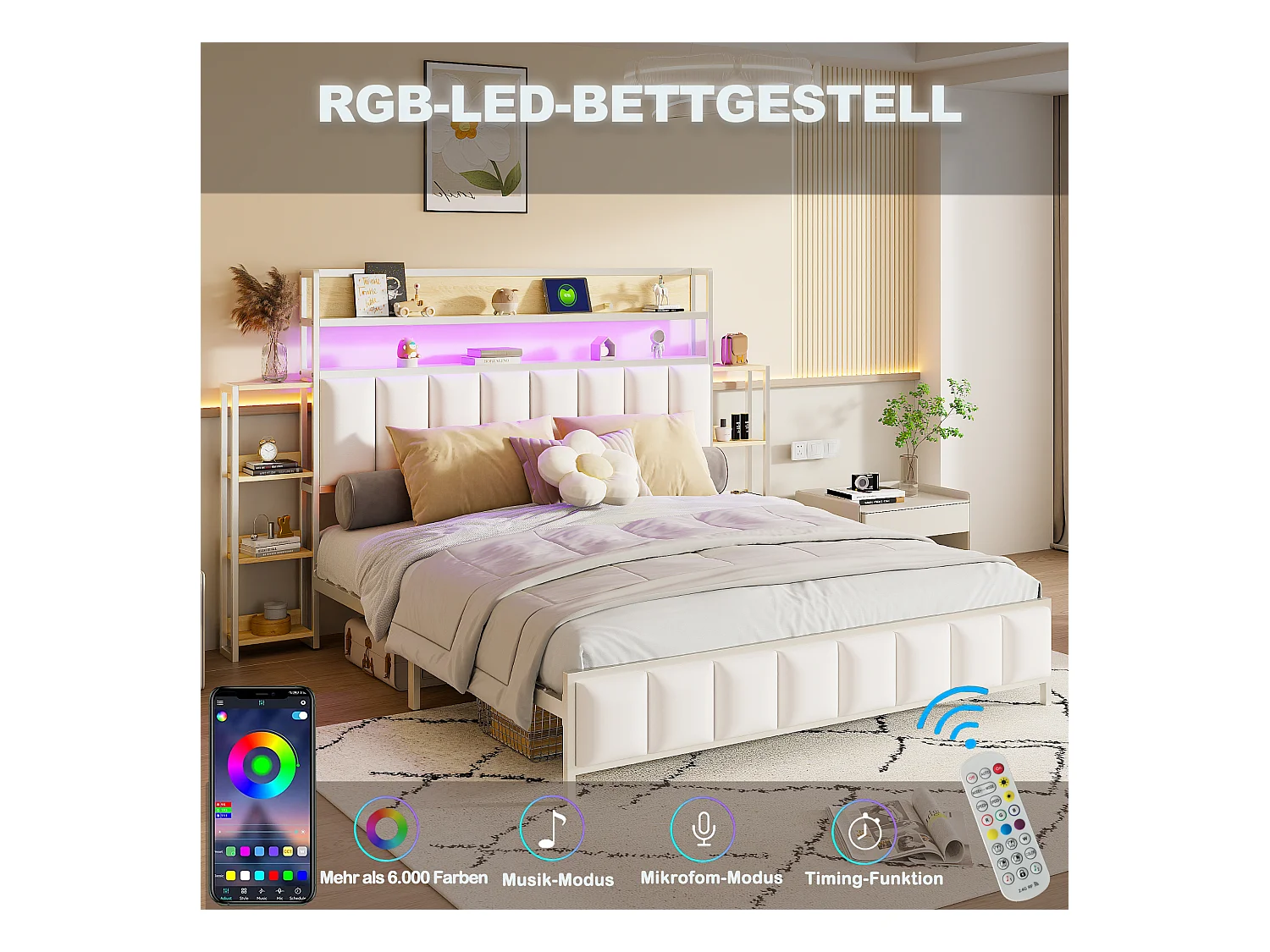 160 x 200 cm großes Kunstlederbett – mit LED und Regalen – Weiß