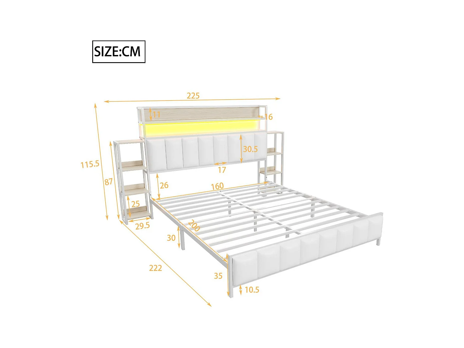 160 x 200 cm großes Kunstlederbett – mit LED und Regalen – Weiß