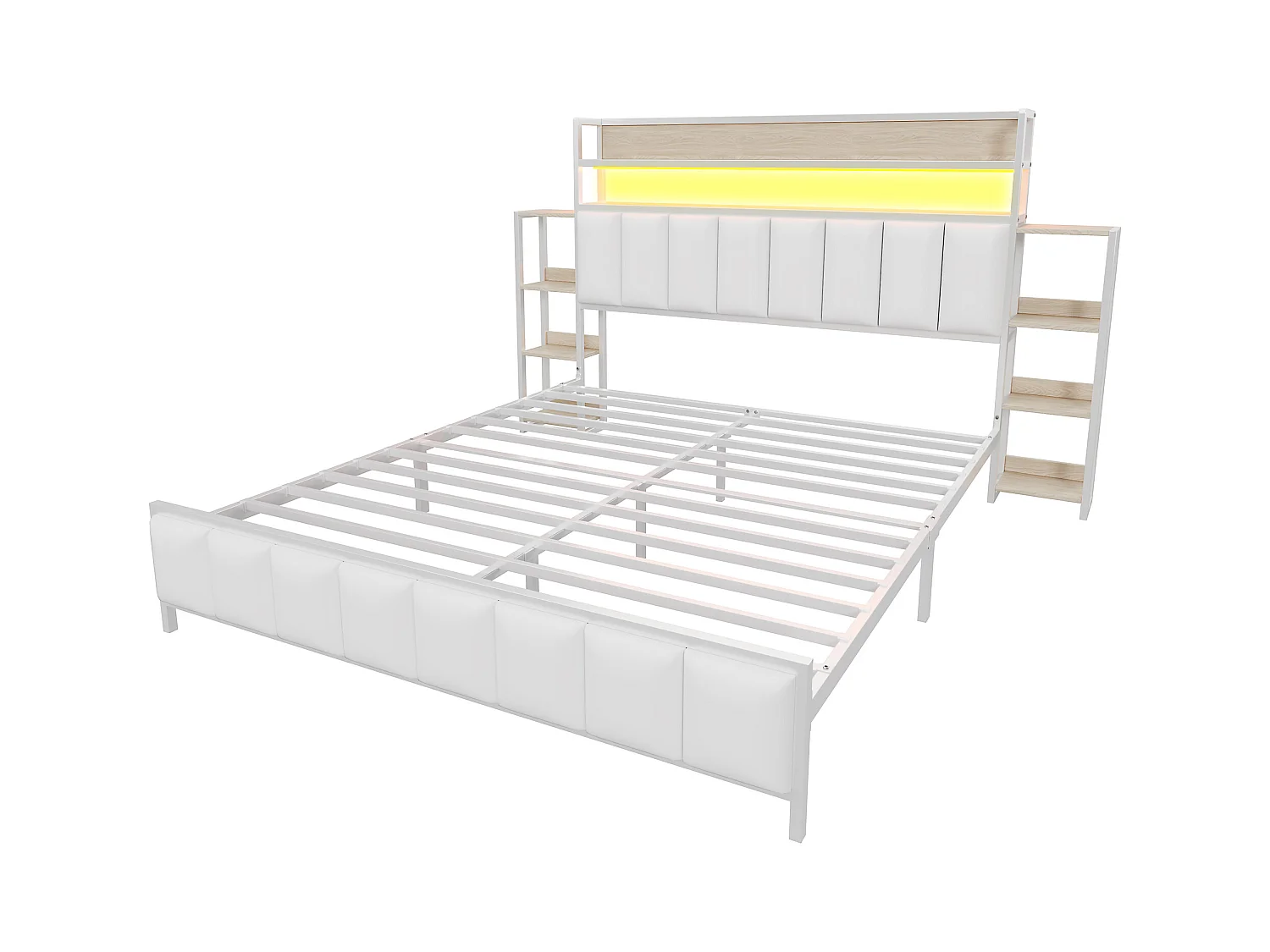 160 x 200 cm großes Kunstlederbett – mit LED und Regalen – Weiß