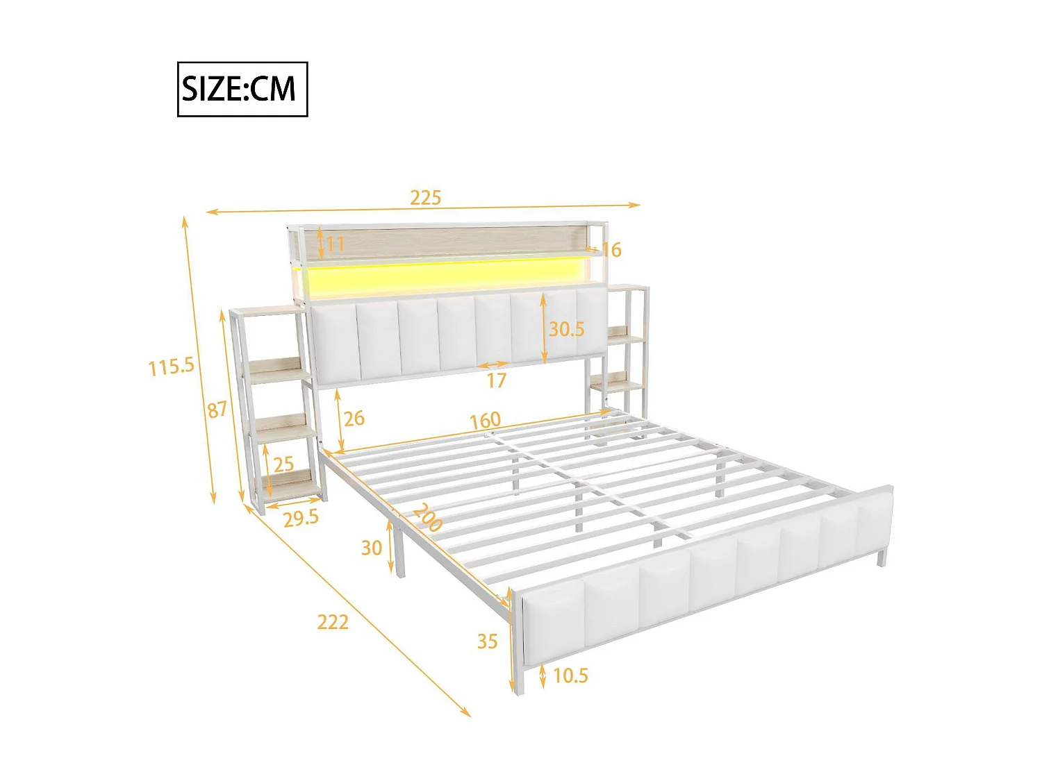 Lit 160x200cm en similicuir - avec LED et étagères - Blanc