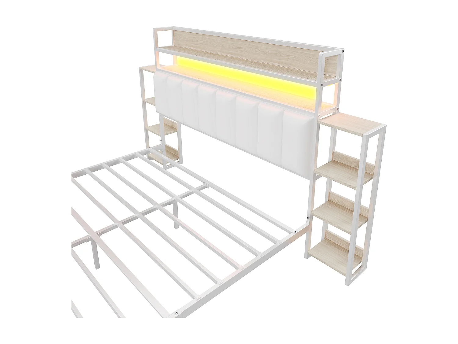 Lit 160x200cm en similicuir - avec LED et étagères - Blanc