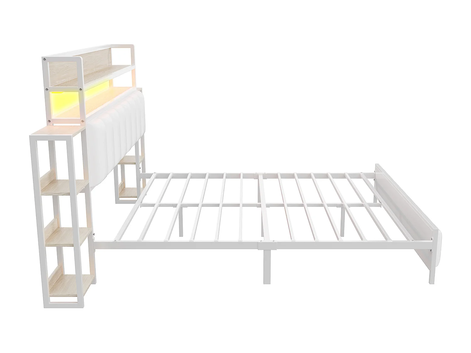 Lit 160x200cm en similicuir - avec LED et étagères - Blanc