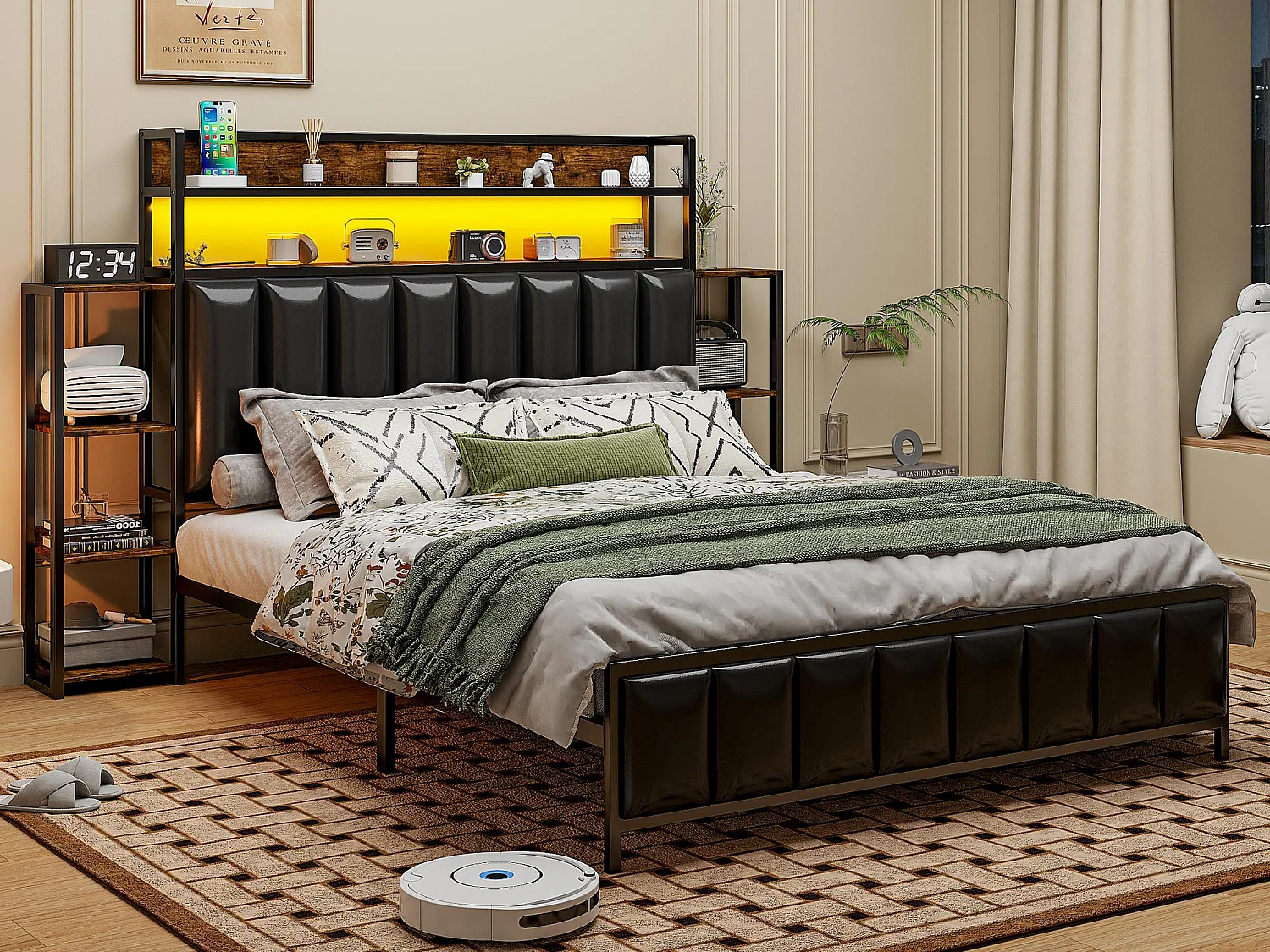 Letto in ecopelle 140x200 cm - con LED e ripiani - Nero