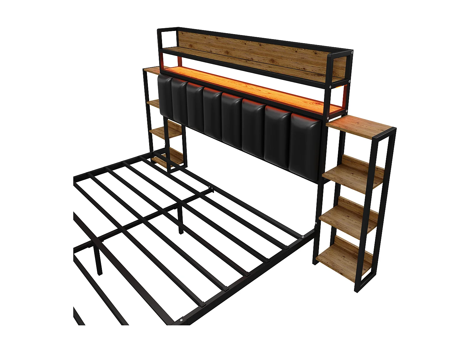 Letto in ecopelle 140x200 cm - con LED e ripiani - Nero