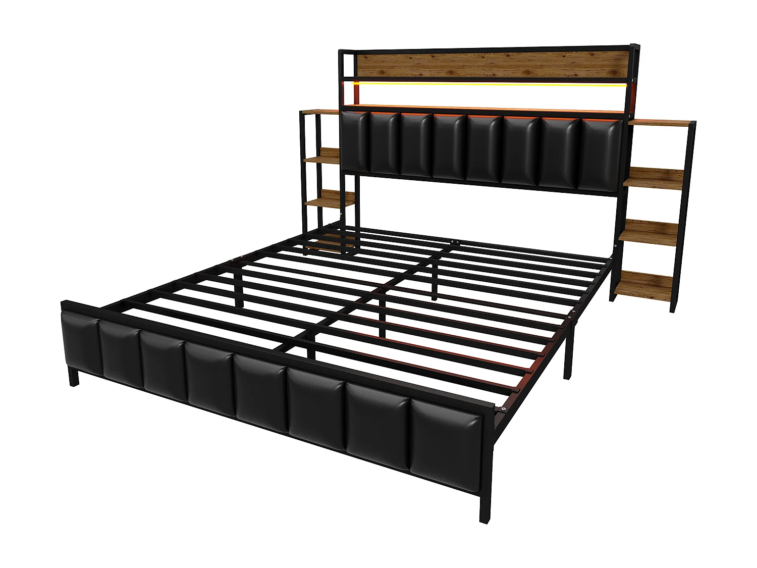 Letto in ecopelle 140x200 cm - con LED e ripiani - Nero