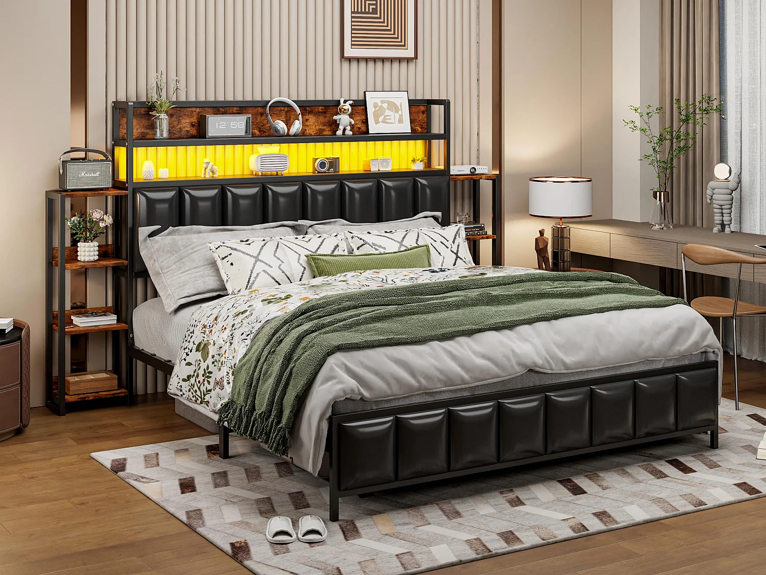 Kunstleren bed 160x200cm - met LED en planken - Zwart