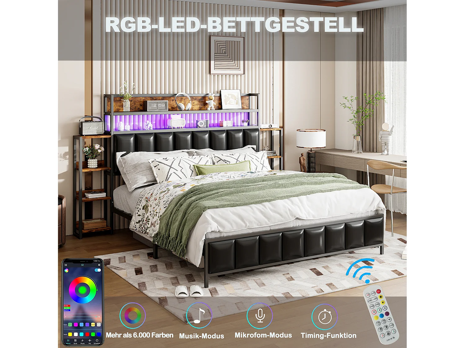 Kunstleren bed 160x200cm - met LED en planken - Zwart