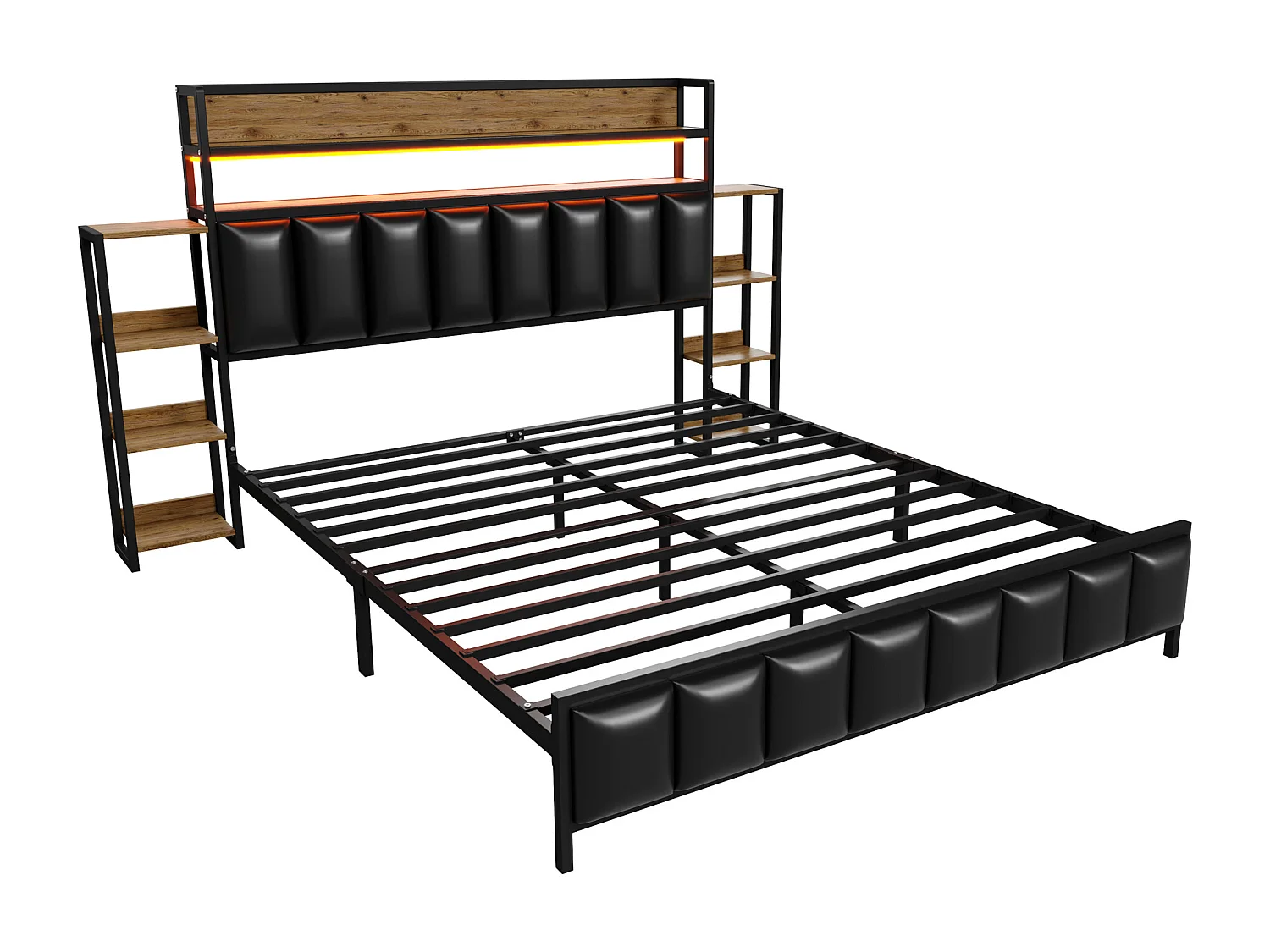 Kunstleren bed 160x200cm - met LED en planken - Zwart