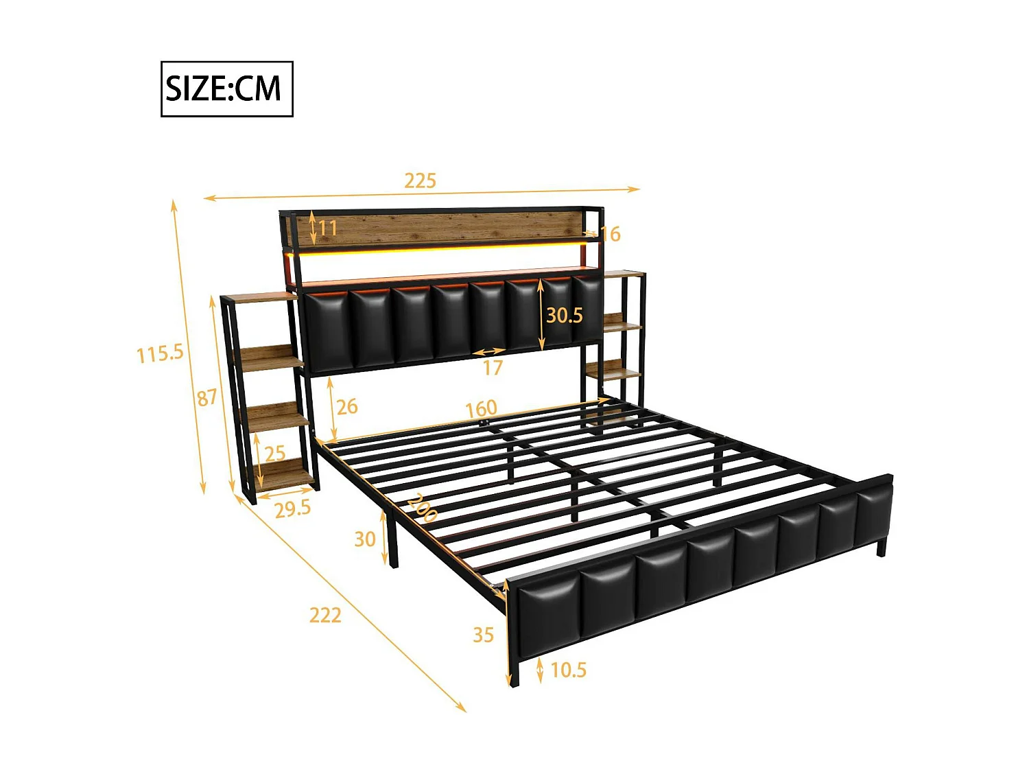 160 x 200 cm großes Kunstlederbett – mit LED und Regalen – Schwarz